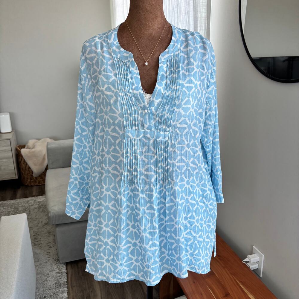 Beachy Counterparts Blue and White Tunic 3/4 Sleeves Semi Sheer Summer Top XL